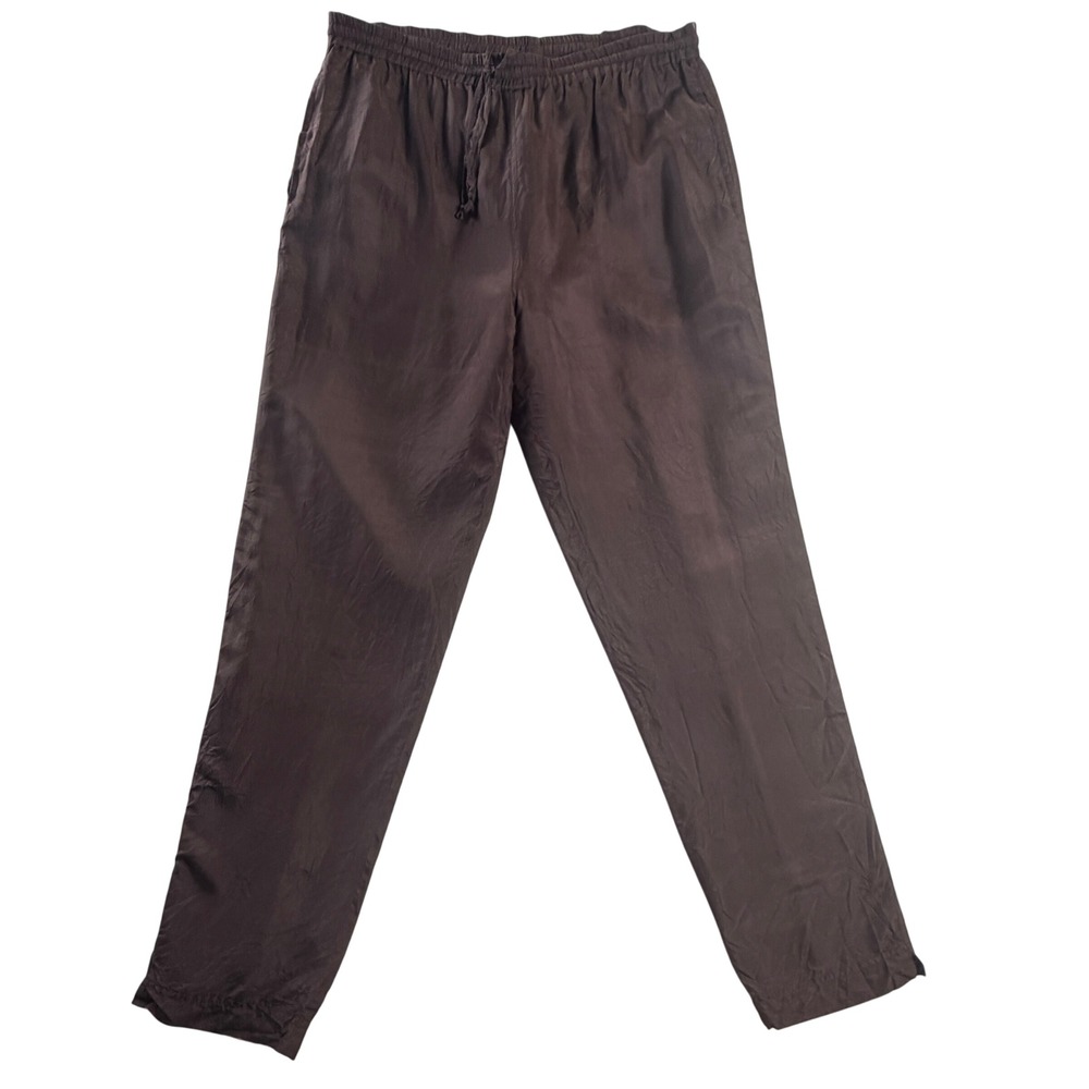 TITLE  Vintage EVR 100% Silk Brown Drawstring Pants S/P Lined Relaxed Fit